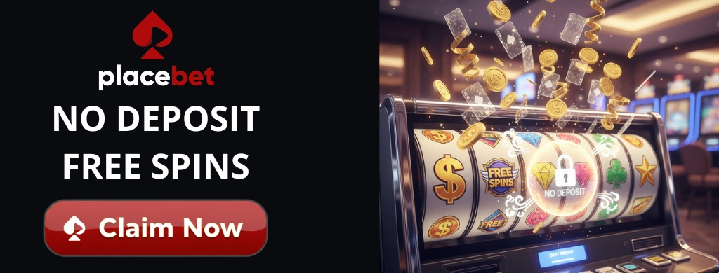 PlaceBet Casino No Deposit Free Spins banner with a slot machine showing free spin symbols and gold coins, featuring a "Claim Now" button.