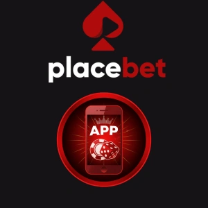 PlaceBet logo above a red circular graphic of a smartphone displaying the word App with casino chips and dice.
