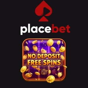 PlaceBet logo above a glowing purple and gold badge displaying No Deposit Free Spins with coins floating around.