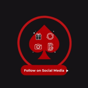PlaceBet Casino icon to follow on social media, featuring a gift, refresh, camera, and social media icons under a spade symbol.
