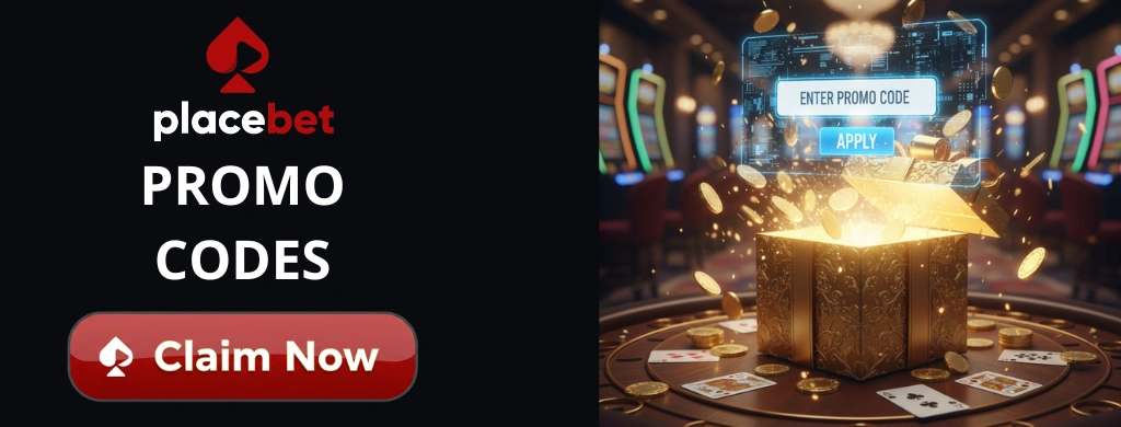 PlaceBet Casino promo code offer with a "Claim Now" button and a gift box with coins and playing cards in a casino setting.
